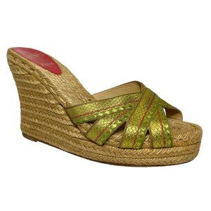 CHRISTIAN LOUBOUTIN Cataribbon Metallic Espadrille Wedge Slides Sandals 37.5 7.5